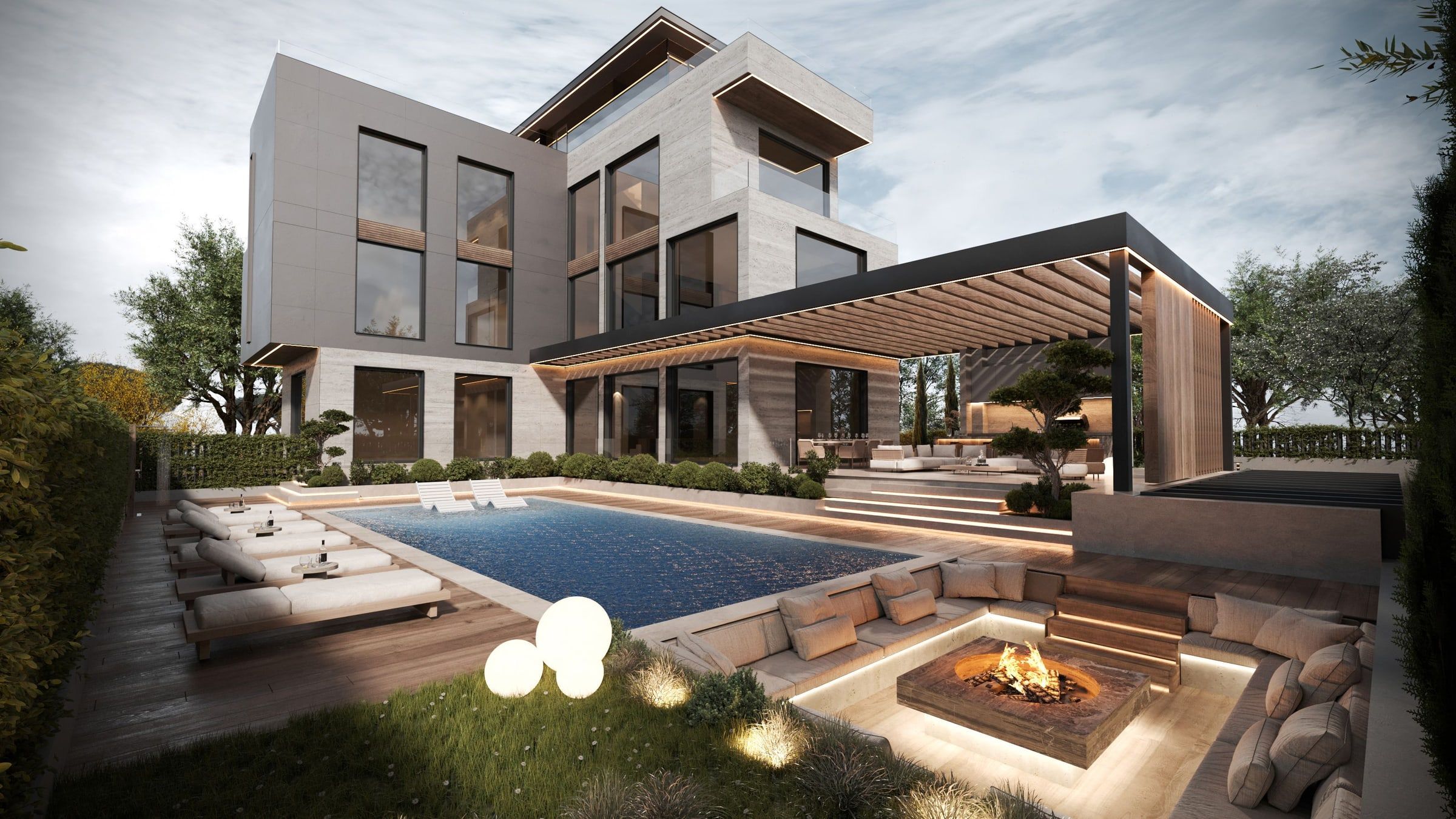 Vila sa bazenom u sumrak, drvena pergola i spušteno ognjište u vrtu